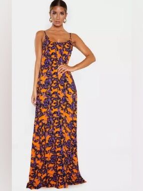 Prettylittlething Orange & Purple Floral Maxi Dress backless Sz 6
